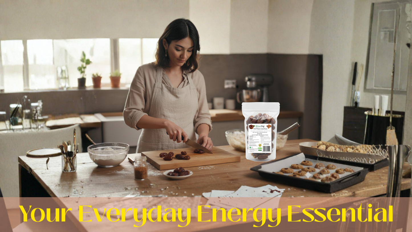 Woman preparing food in a kitchen with a container labeled 'Your Everyday Energy Essential'.