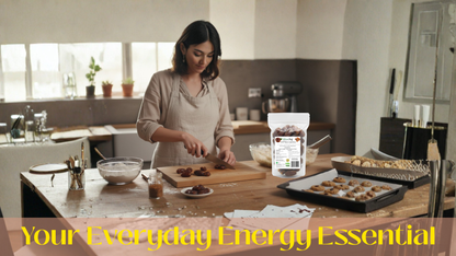 Woman preparing food in a kitchen with a container labeled 'Your Everyday Energy Essential'.