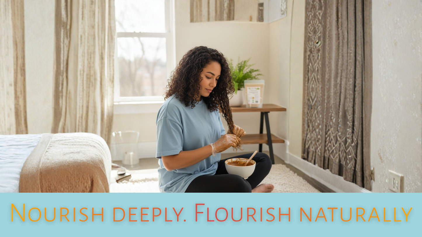 Woman eating cereal in a bedroom with 'Nourish Deeply, Flourish Naturally' text.