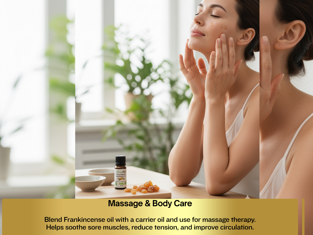 Woman massaging her face with a bottle of Frankincense oil on a table.