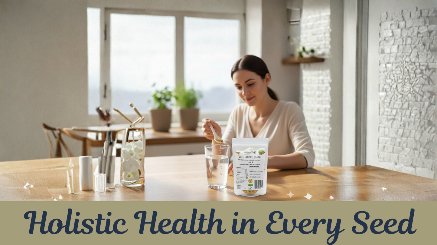 Woman at a table with a jar of seeds and a glass of water, with text 'Holistic Health in Every Seed' on a yellow banner.