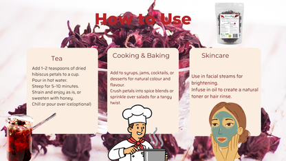 Instructions on how to use dried hibiscus petals for tea, cooking, baking, and skincare.