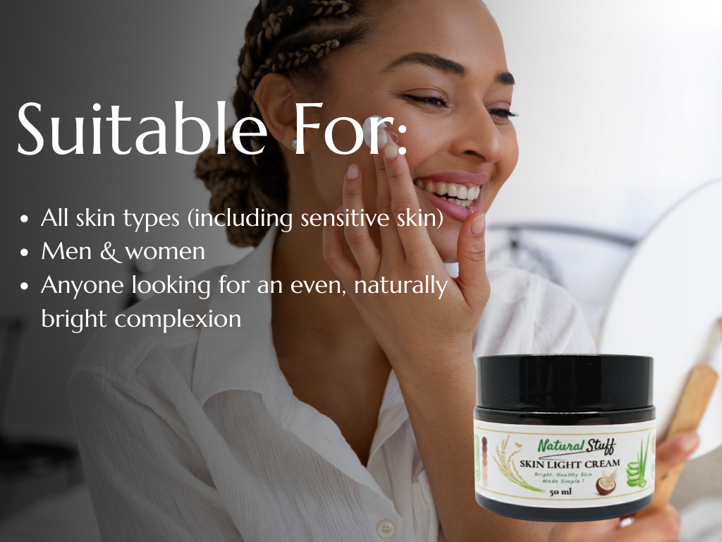 Woman applying cream with a jar labeled 'Natural Stuff' on a blurred background