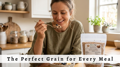 Woman eating cereal with a bowl of cereal in front of her, with text overlay 'The Perfect Grain for Every Meal'.