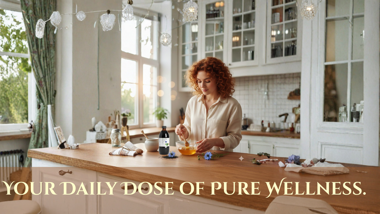 Woman preparing food in a modern kitchen with text 'Your daily dose of pure wellness'.