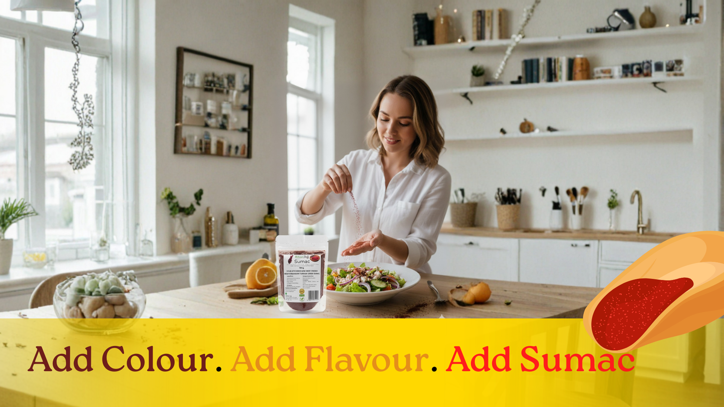 Woman preparing a salad in a kitchen with Sumac packaging displayed.