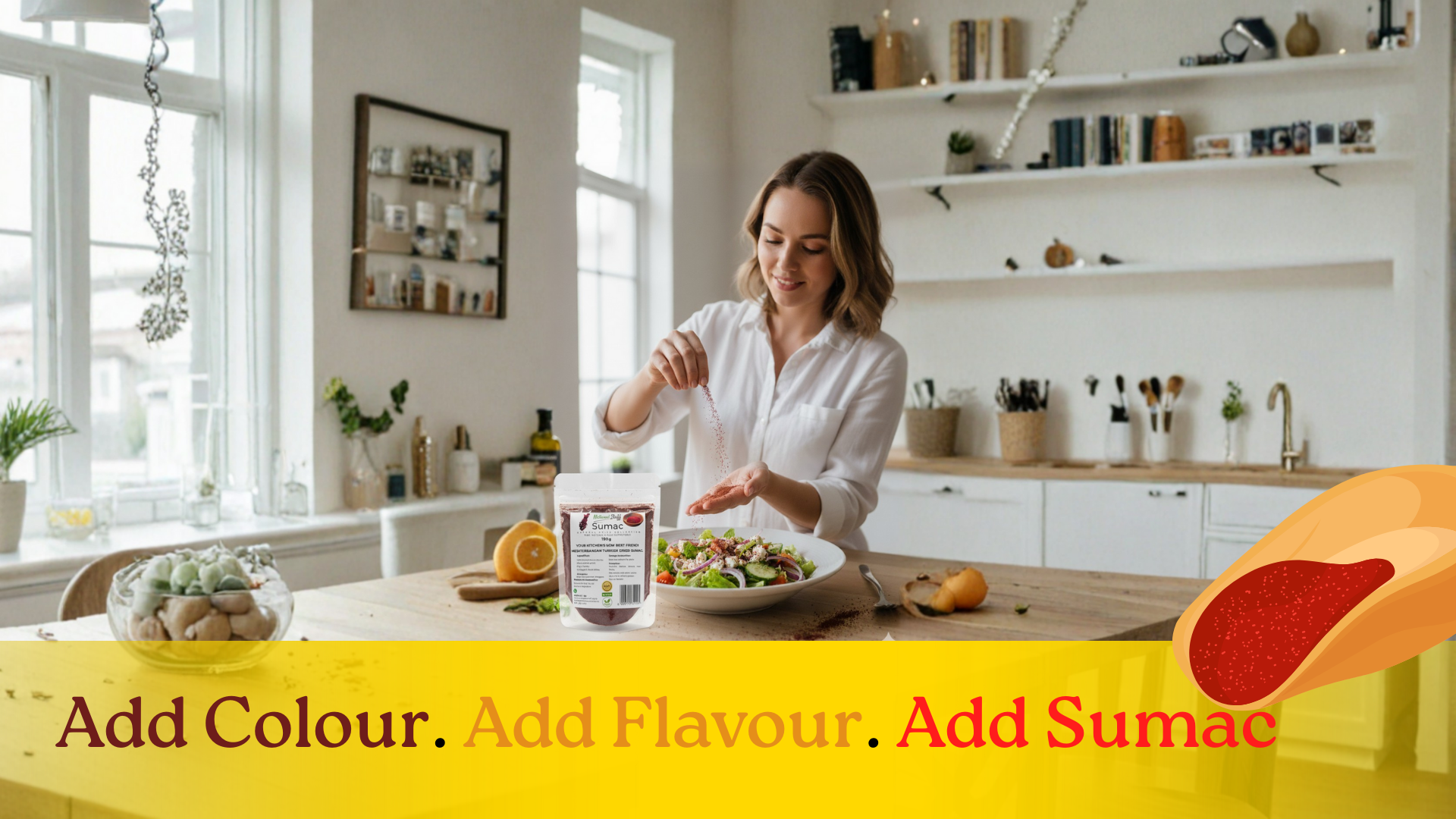 Woman preparing a salad in a kitchen with Sumac packaging displayed.