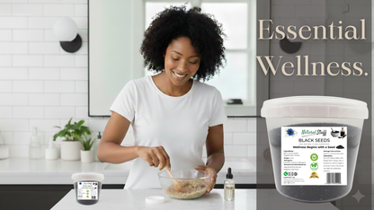 Woman preparing food in a kitchen with 'Essential Wellness' products displayed.