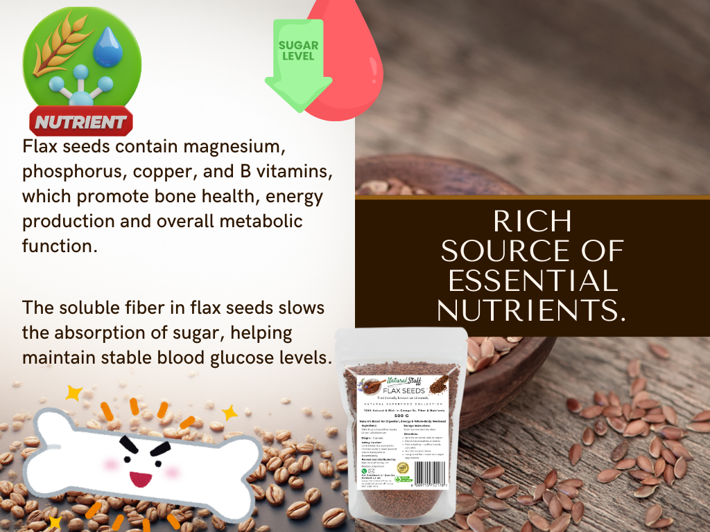 Flax seeds with nutritional information and a package on a wooden surface.