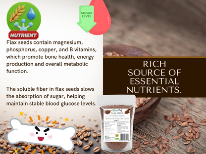 Flax seeds with nutritional information and a package on a wooden surface.