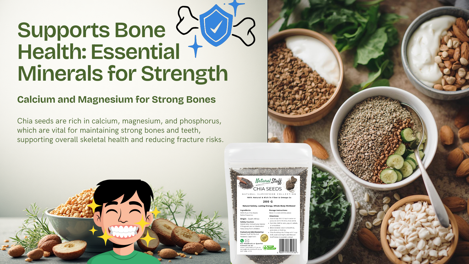 Promotional image for chia seeds with text about bone health and a smiling person.