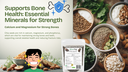 Promotional image for chia seeds with text about bone health and a smiling person.