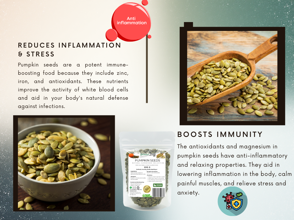 Pumpkin seeds with health benefits text on a gray background