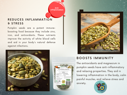 Pumpkin seeds with health benefits text on a gray background
