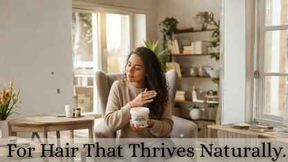 Woman holding a container in a home setting with text 'For Hair That Thrives Naturally'.