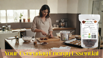 Woman preparing food in a kitchen with a package of energy bars displayed.