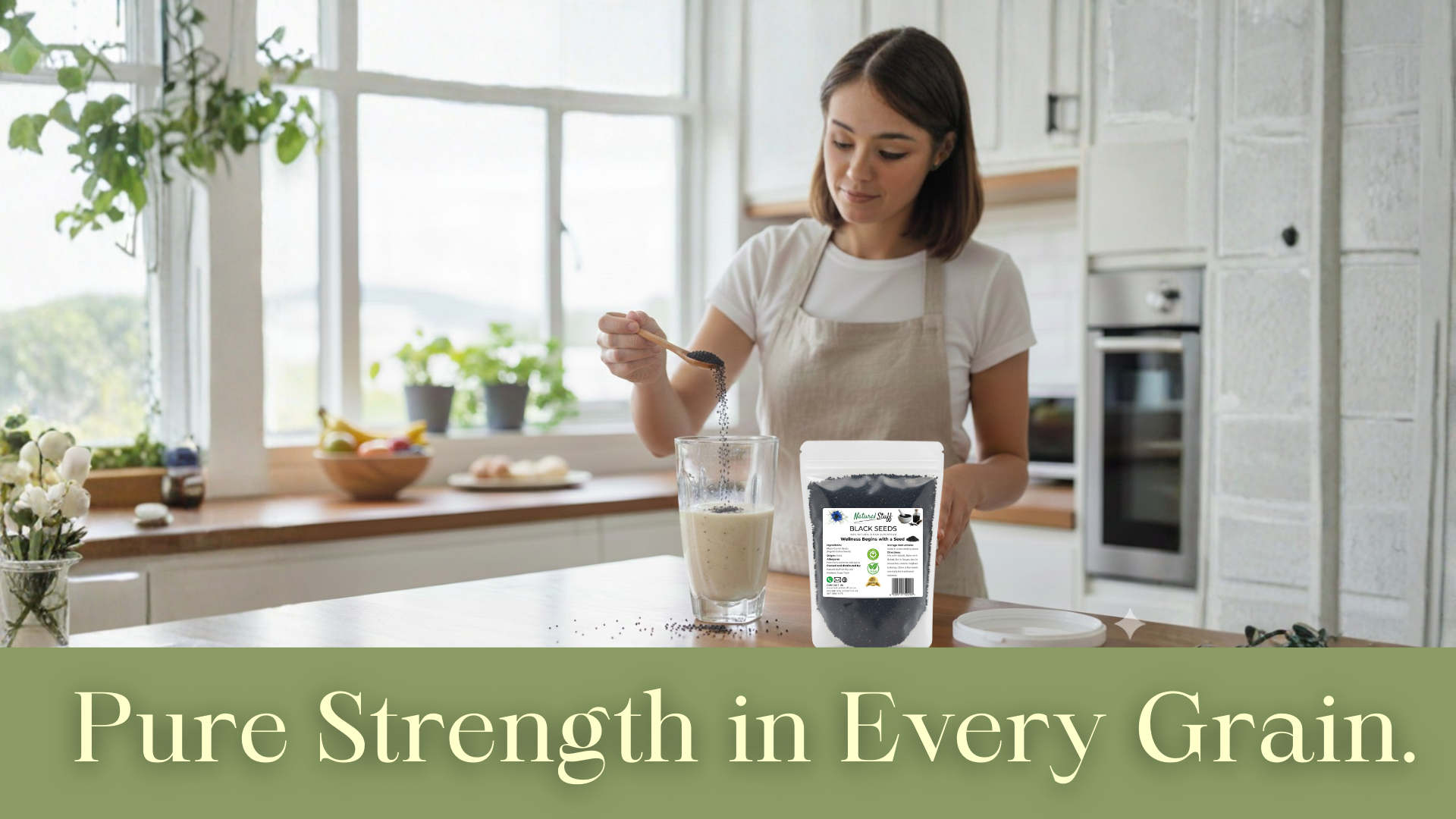Woman in a kitchen preparing a drink with a container labeled 'Pure Strength in Every Grain'.