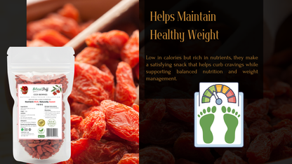 Dried fruit packaging with text about maintaining healthy weight and a nutrition label.