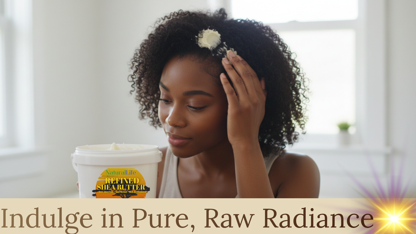 Woman with a flower in her hair looking at a container labeled 'Shea Moisture' with text 'Indulge in Pure, Raw Radiance'.