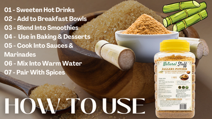 Jaggery powder with packaging and usage instructions on a brown background