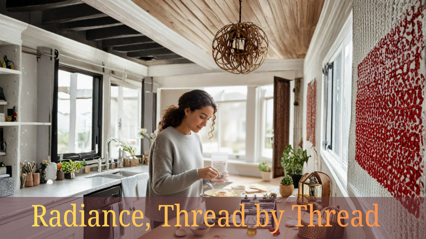 Woman in a modern kitchen with text 'Radiance, Thread by Thread' overlayed.
