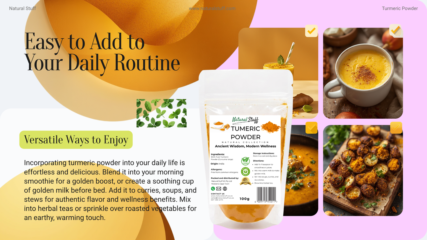 Advertisement for tumeric powder with images of food and text on a pink background