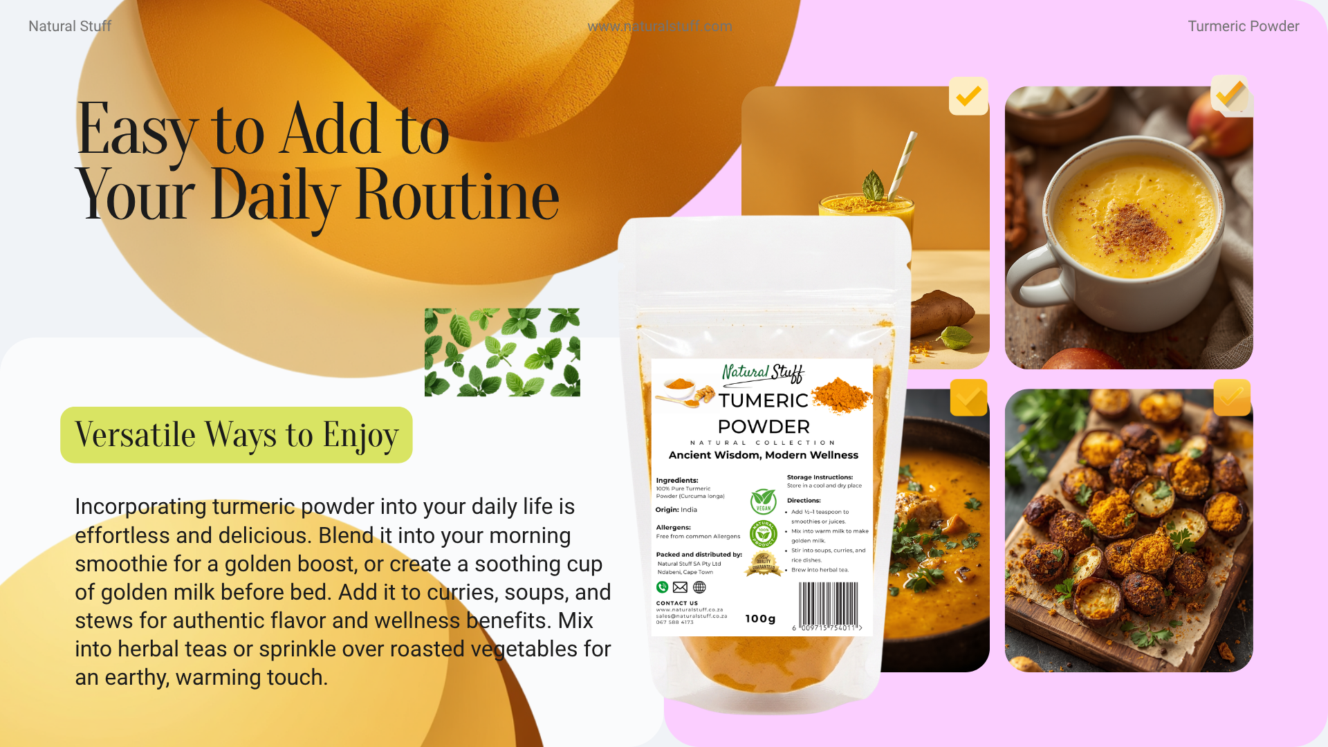 Advertisement for tumeric powder with images of food and text on a pink background