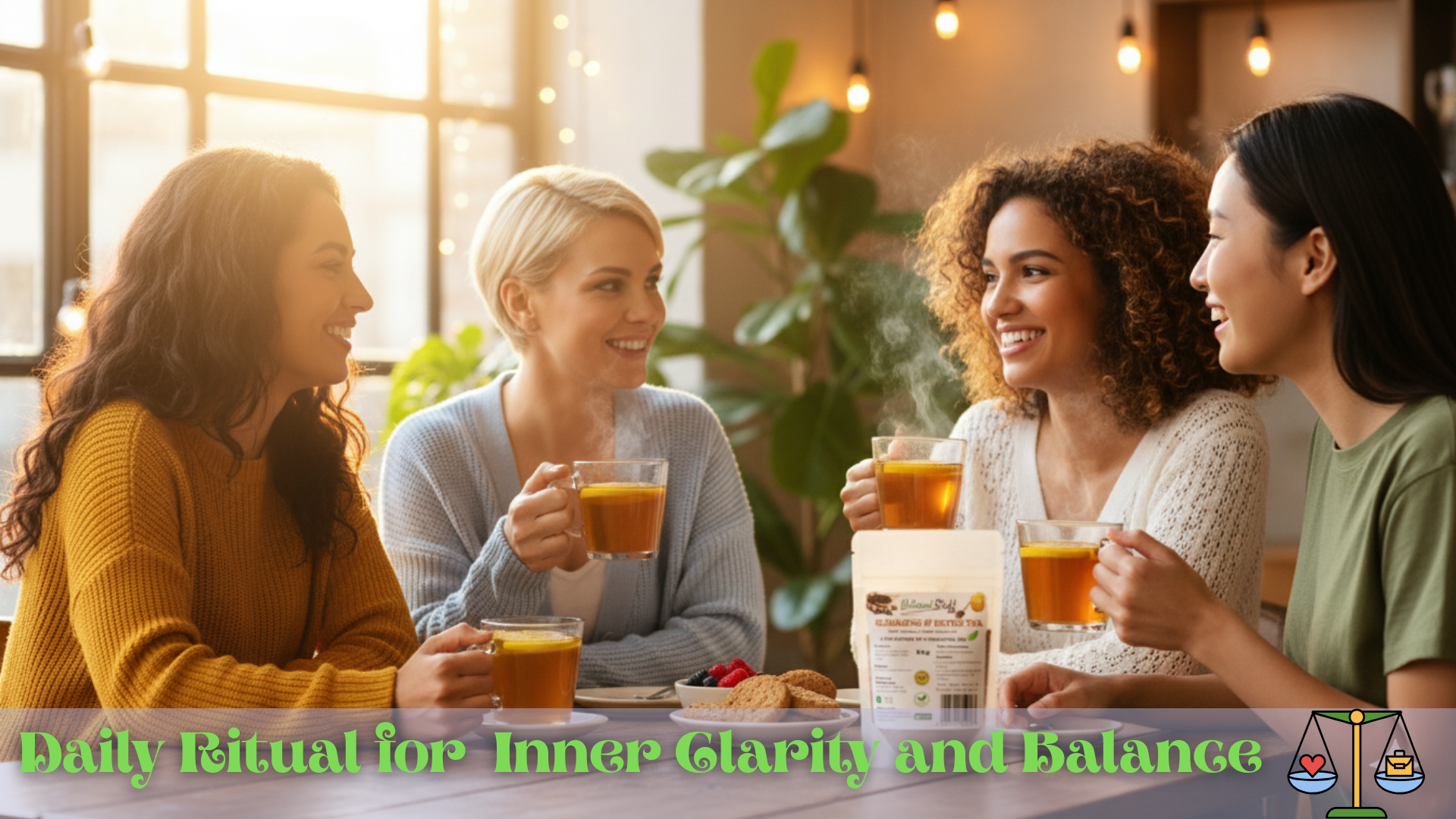 Four women sitting together, enjoying a beverage and a product, with a focus on inner clarity and balance.