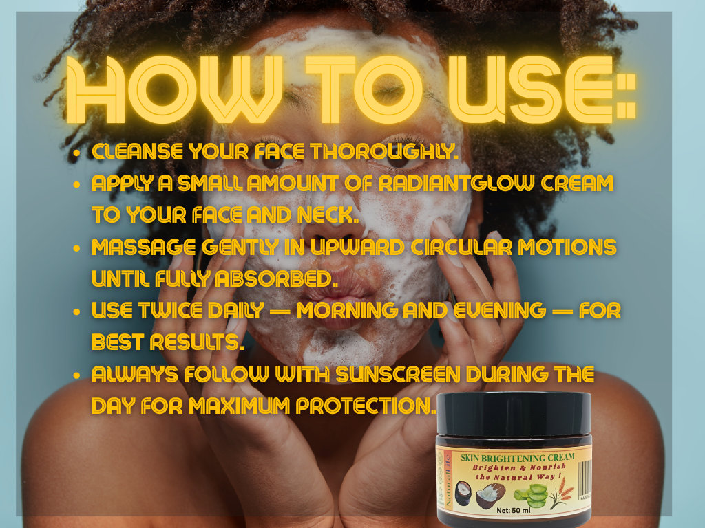 Person applying cream to face with text on how to use RadiantGlow cream, and a jar of the cream displayed.