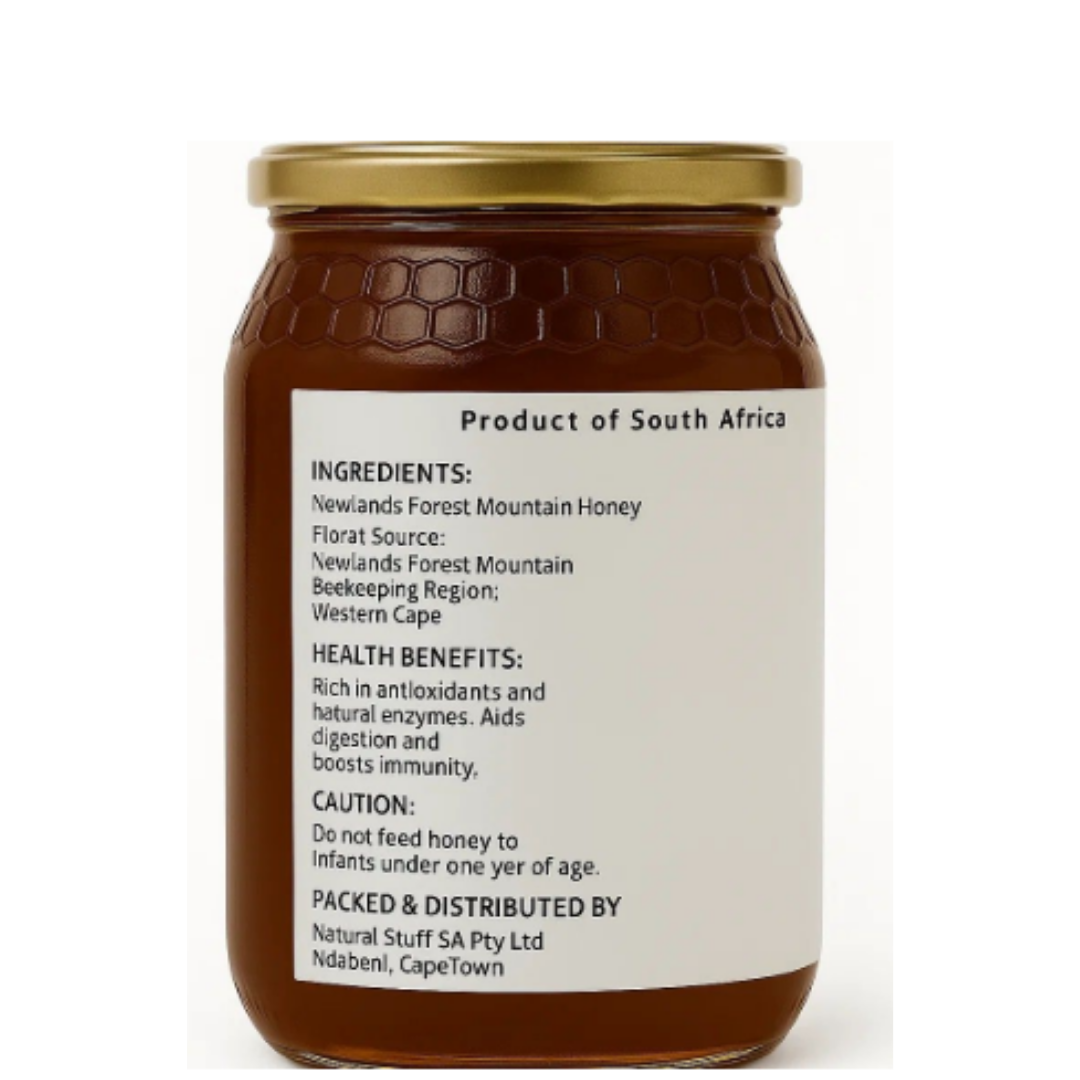 Jar of honey with label detailing ingredients, health benefits, and precautions on a white background