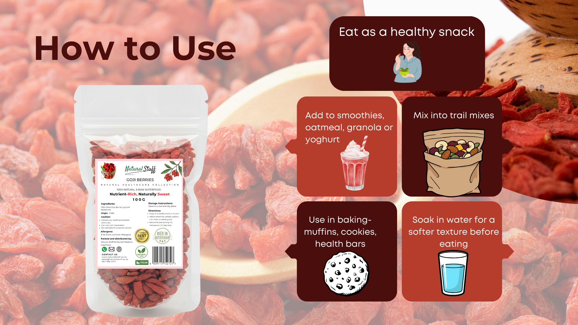 Packaging of dried cranberries with usage instructions on a background of dried cranberries.