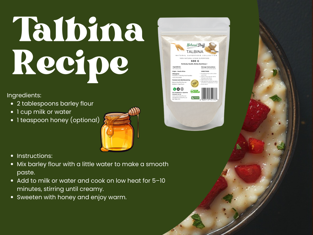 Talbina recipe with ingredients and preparation instructions on a green background