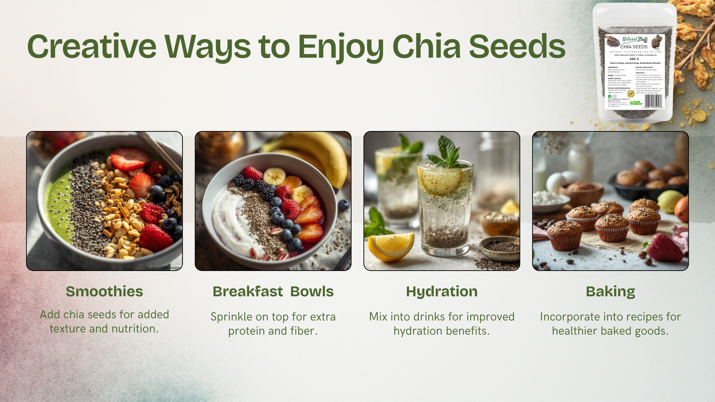 Infographic on creative ways to enjoy chia seeds with images and text.