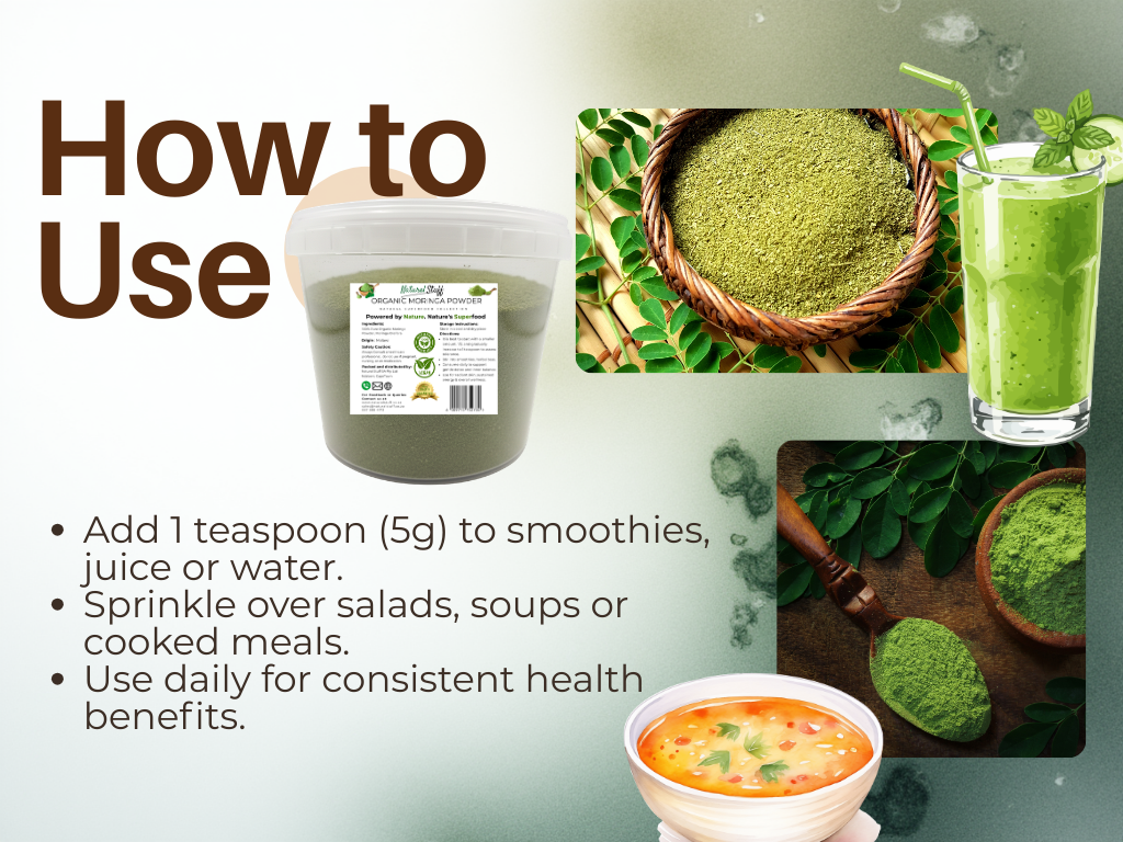 Instructions on how to use a green powder product with images of its application in smoothies, soup, and salad.