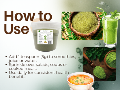 Instructions on how to use a green powder product with images of its application in smoothies, soup, and salad.
