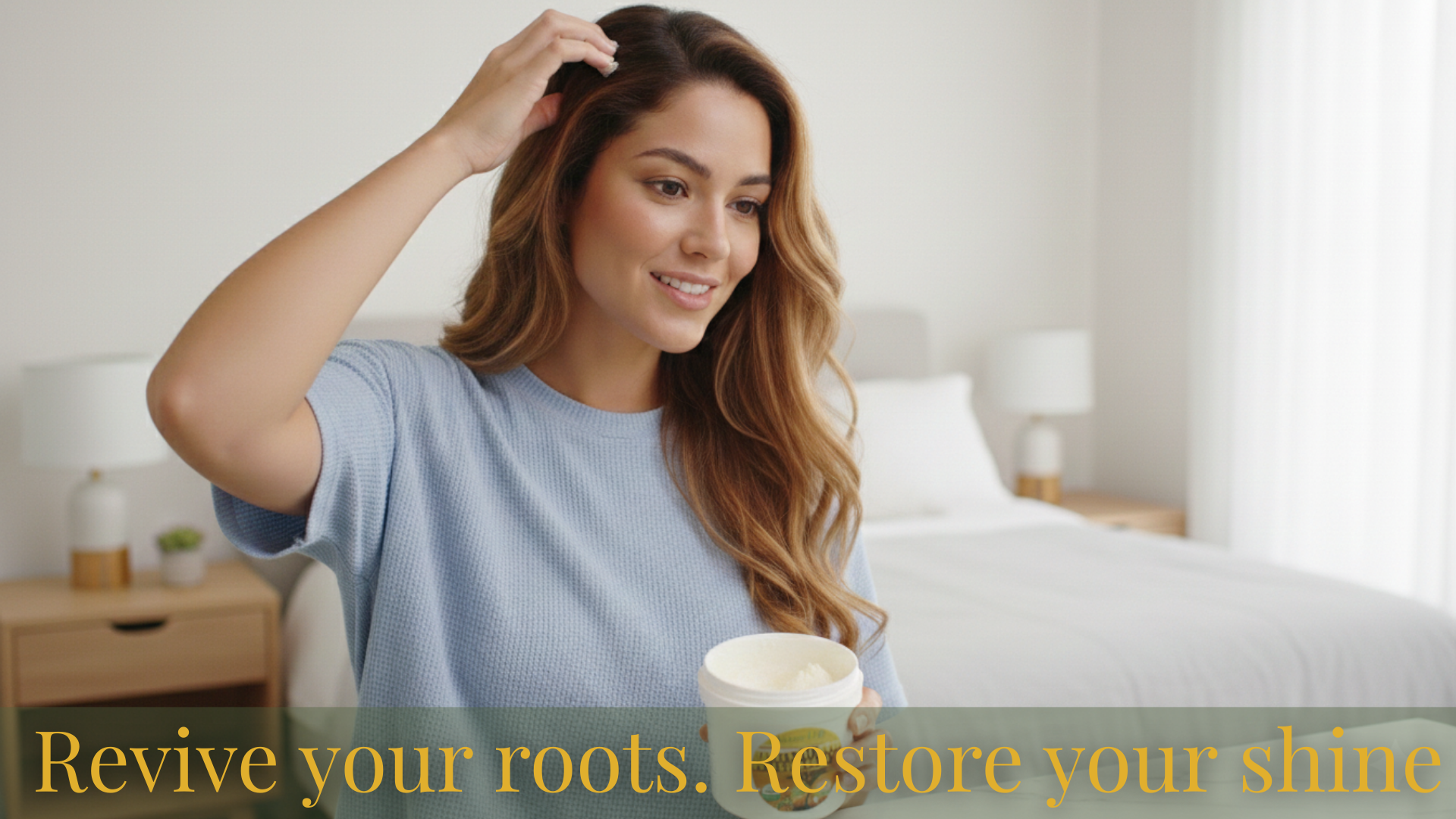 Woman with long hair sitting in a bedroom with text 'Revive your roots. Restore your shine'.
