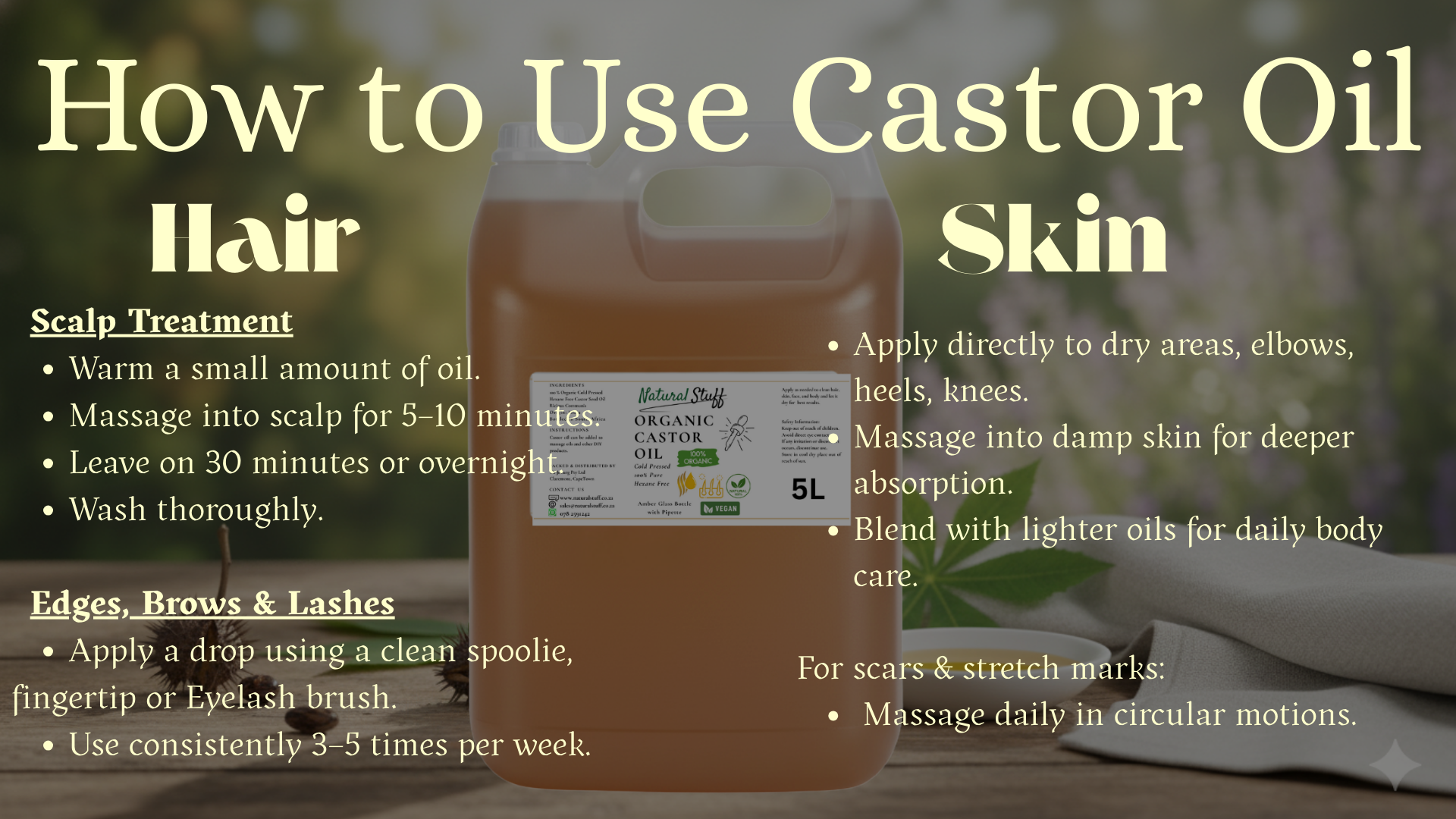 Instructions on how to use castor oil for hair, skin, and other purposes with a large bottle of castor oil in the background.