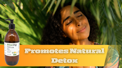 Woman lying under a palm tree with a bottle of Natural Style Castor Oil and text promoting natural detox.