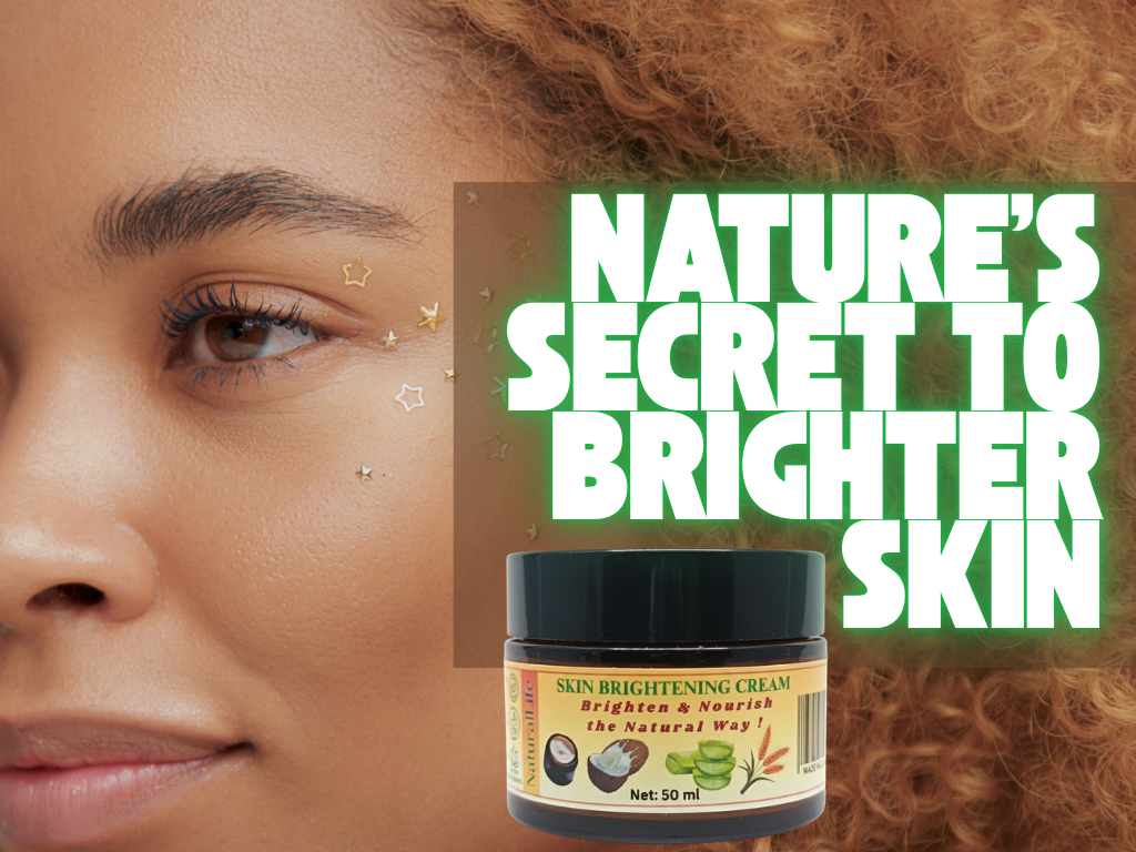 Woman's face with a jar of skin brightening cream labeled 'Nature's Secret to Brighter Skin'.
