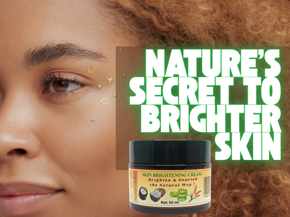 Woman's face with a jar of skin brightening cream labeled 'Nature's Secret to Brighter Skin'.