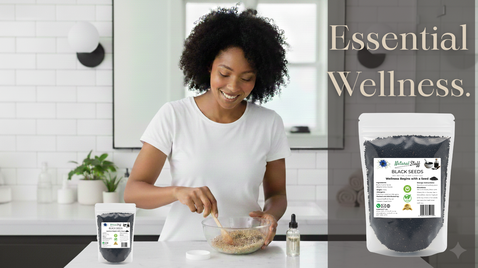 Woman preparing food in a kitchen with black seed products displayed.