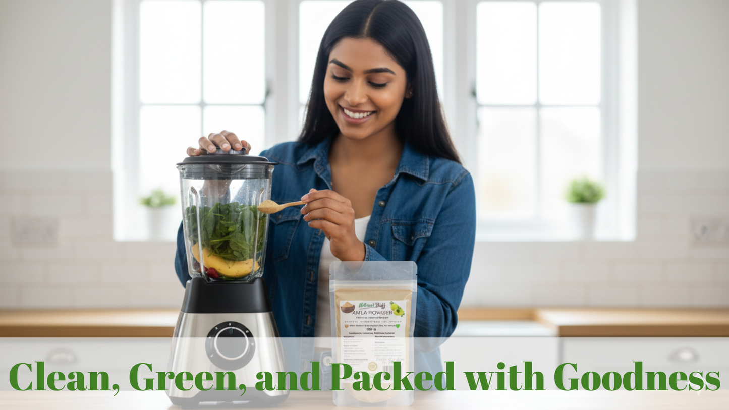 Woman making a smoothie using a blender with a container of ingredients in a kitchen.