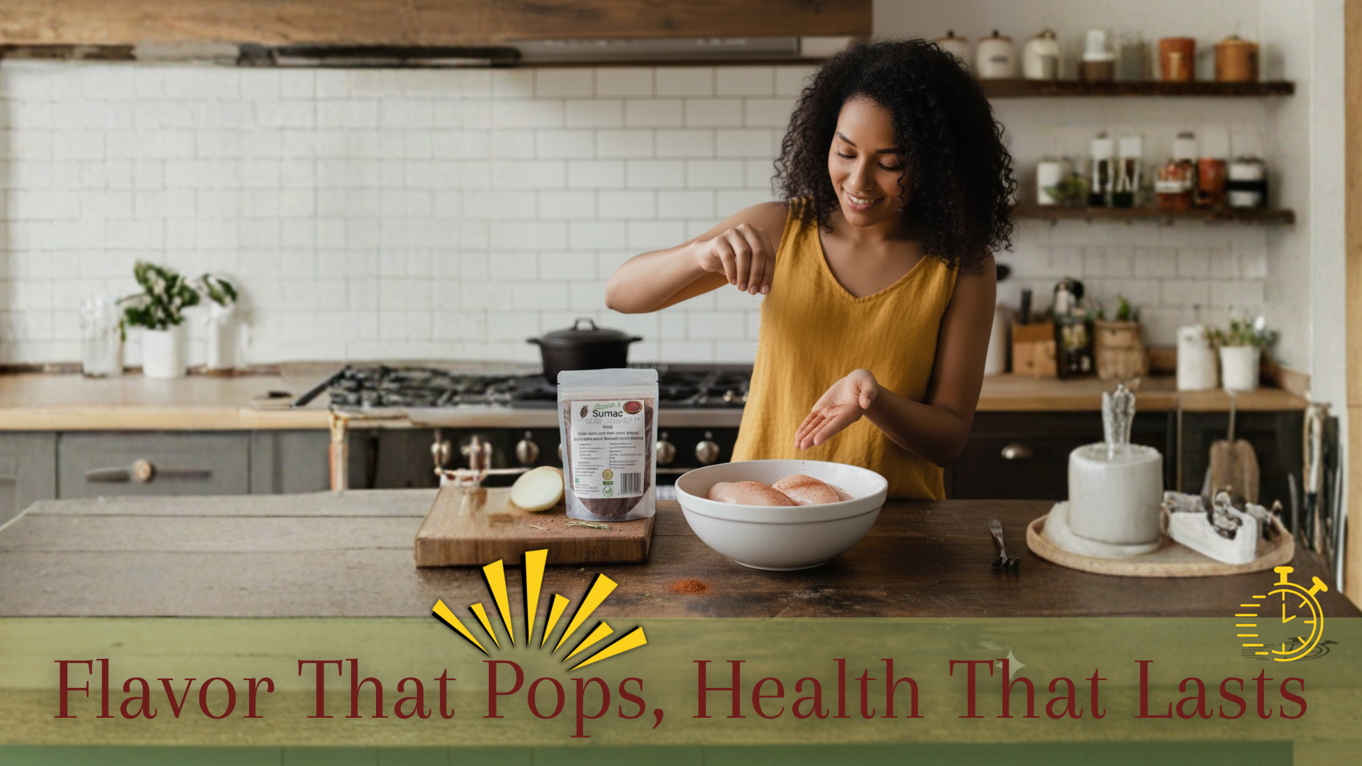 Woman preparing food in a kitchen with a product on the counter, featuring text about flavor and health.