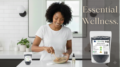 Woman in a kitchen preparing food with Black Seed products displayed.