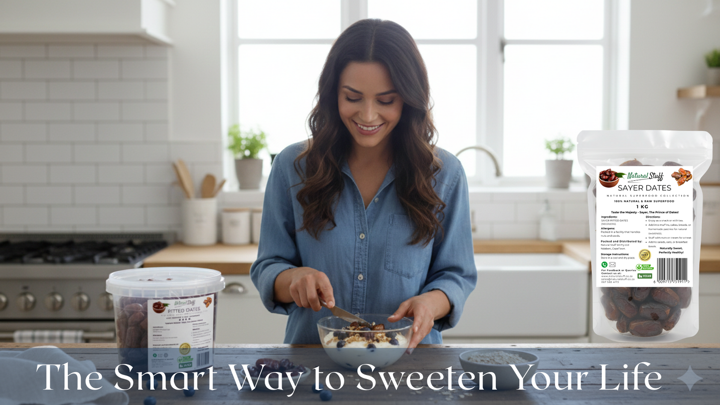 Woman in a kitchen preparing food with a package of dates labeled 'Saver Dates' on a white background.