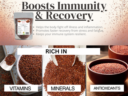 Supplement package with text highlighting immunity and recovery benefits, vitamins, minerals, and antioxidants.