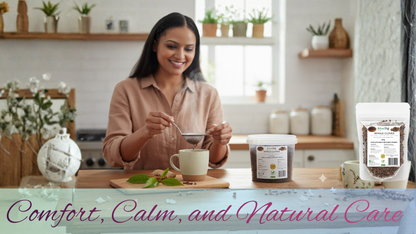 Woman in a kitchen preparing a cup of tea with a focus on comfort and natural care.