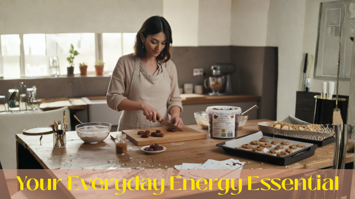 Woman preparing food in a kitchen with text 'Your Everyday Energy Essential' at the bottom.