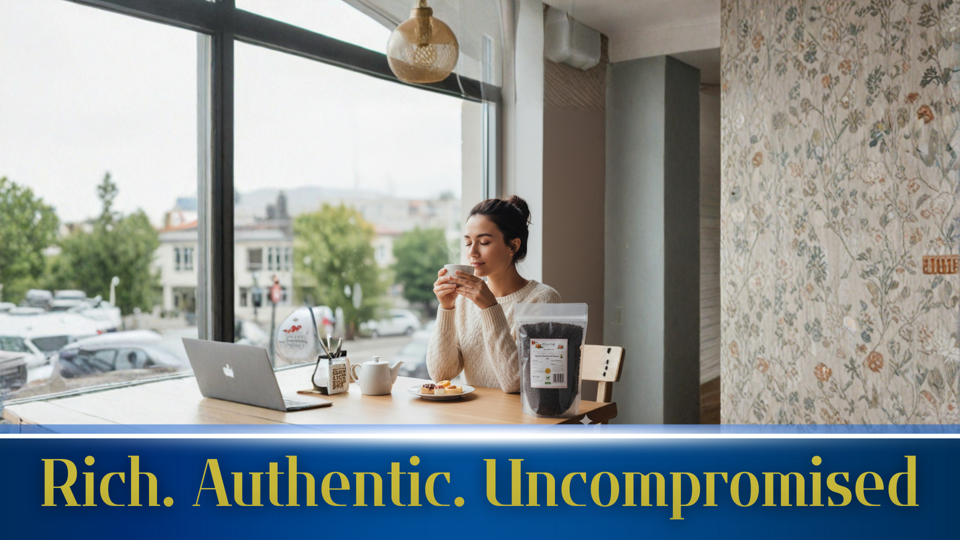 Woman sitting at a table with a laptop, drinking coffee, in a cafe with a view of the street.