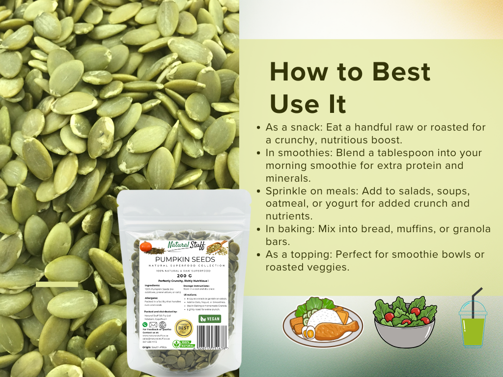 Pumpkin seeds with packaging and usage instructions on a green background